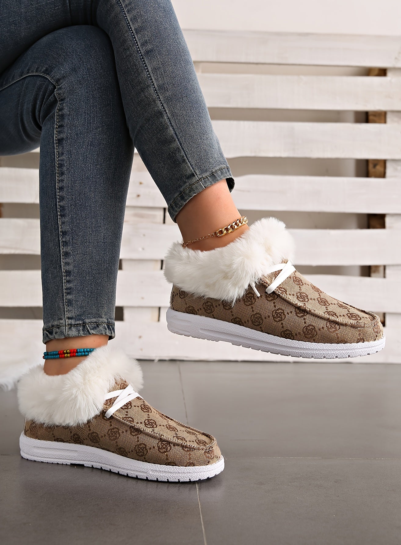 Rose Pattern Fluffy Boots - Soft Sole, Warm Thermal Lining, Non-slip, Pull On, Winter Snow Boots for Women