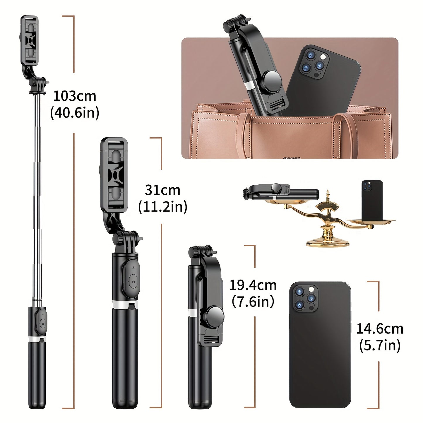 40" Extendable All-in-1 Smartphone Tripod Stand - 360° Rotation, Wireless Remote, Compact Design for iPhone 14/13/12/12 Pro/11/11 Pro/XS/XR/X/8/7 Plus, Samsung, Google, LG, Sony Smartphones