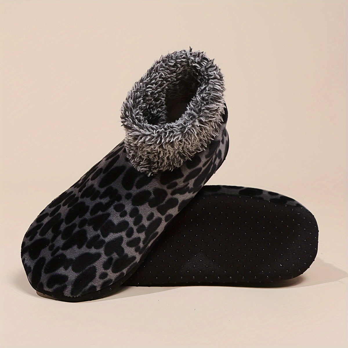 Women's Leopard Print Slipper Socks - 2 Pairs Elegant Polyester Knit Fabric Socks with Anti-Slip Sole, Cozy Plush Lined Short Socks for Indoor Use, Hand Washable - Customized Style