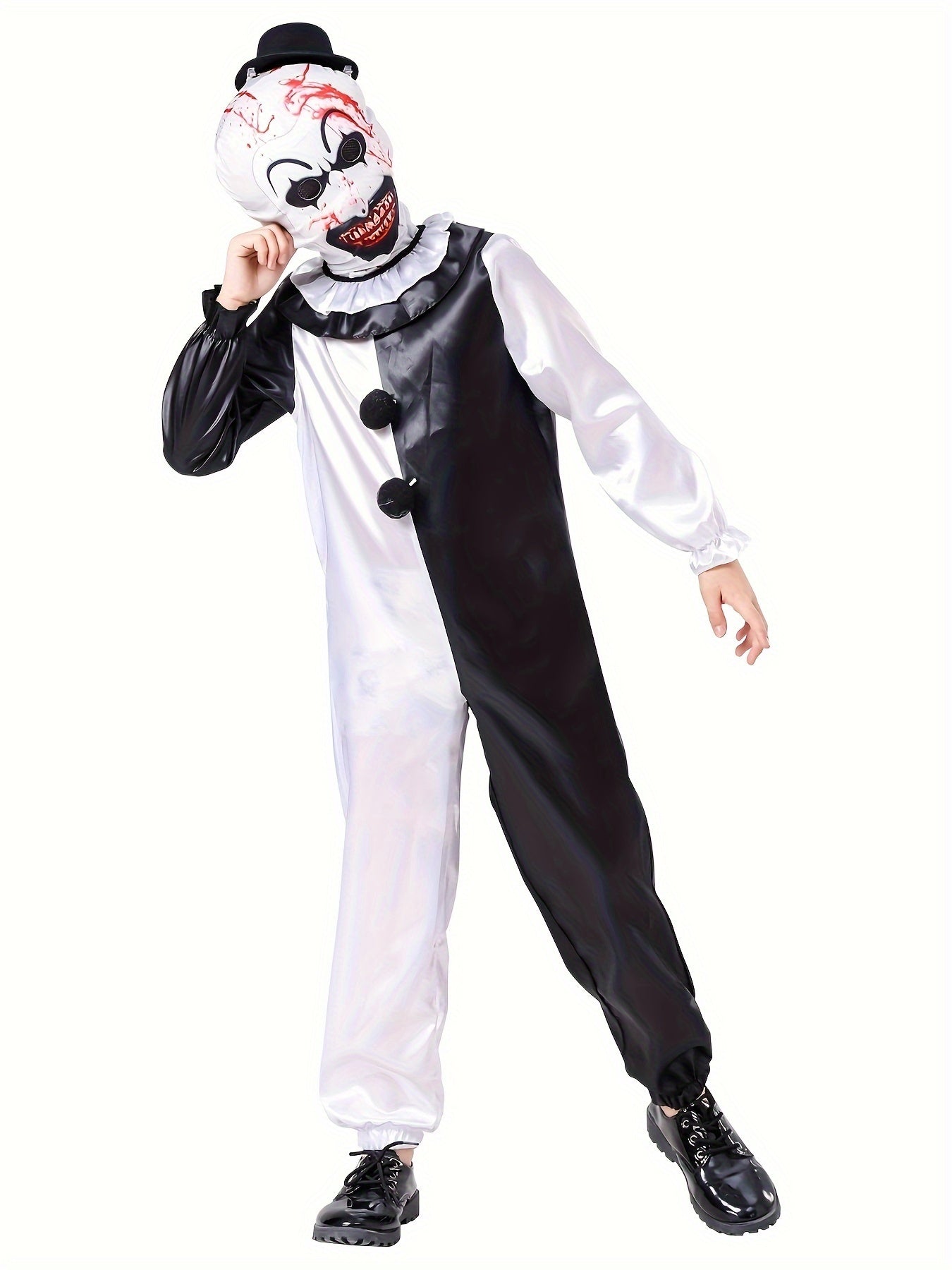 Horror Themed Party Outfit For Boys - Black And White Clown Jumpsuit And Matching Mask - Scary Clown Dress Up Clothes Set, Perfect For Halloween Holiday Carnival Party