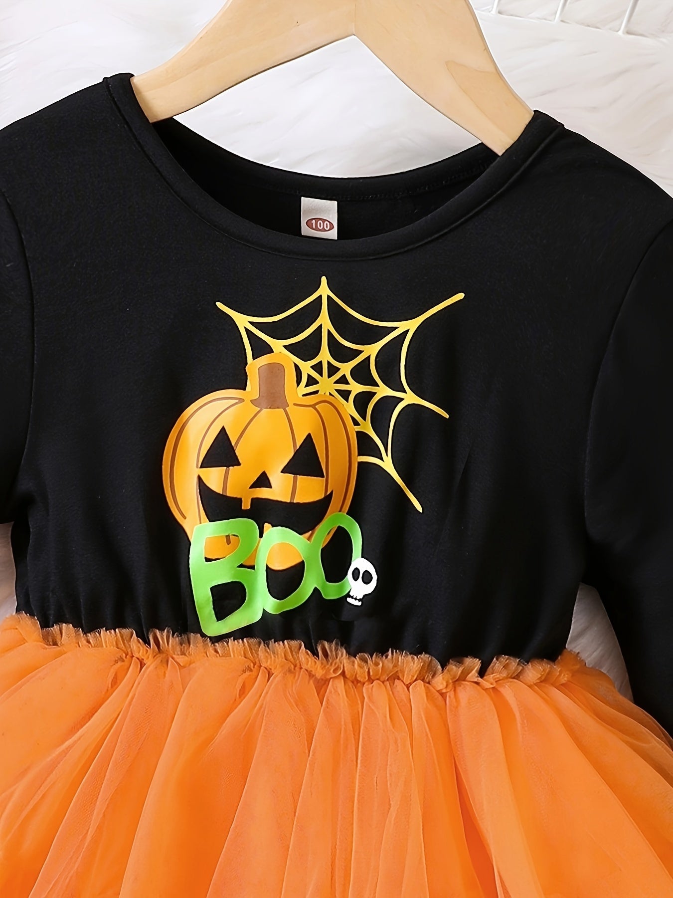 Halloween Little Girl's Long Sleeve Tutu Dress Spider & Pumpkin Print Fall Winter Holiday Halloween Dress