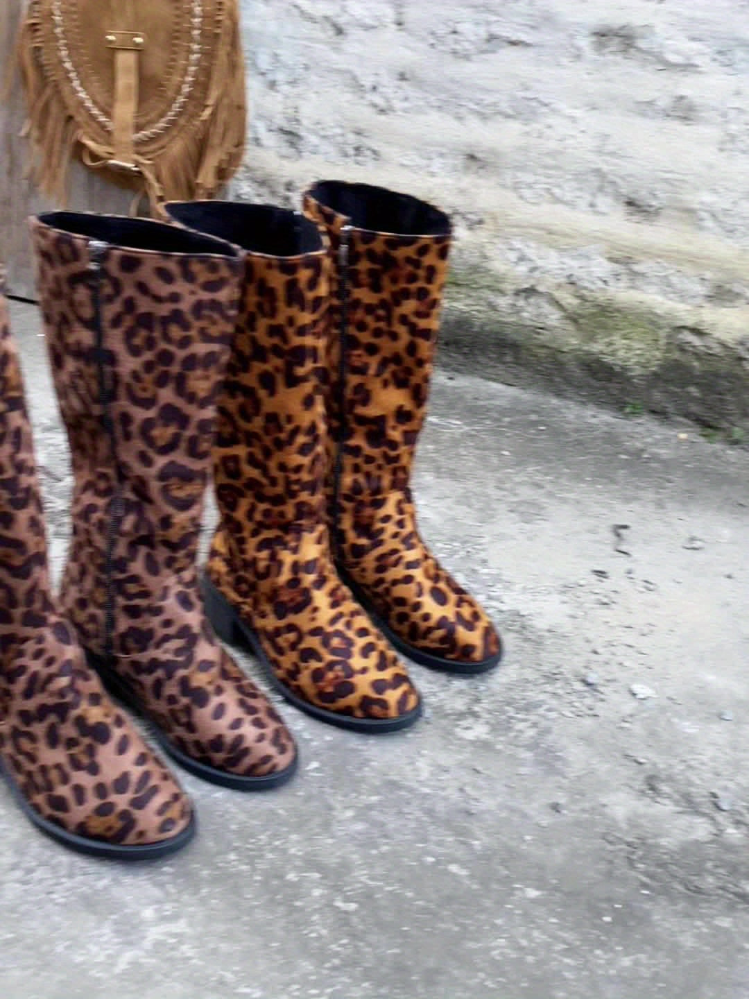 Leopard Print Sexy Boots European and American Style Mid-Calf Boots Round Head Sexy SM Makeup Ball Special Boots Plus Velvet Comfortable Velvet Fabric Women's Boots French Style Women's Thick Sole Side Zipper Anti-Slip Shoppi