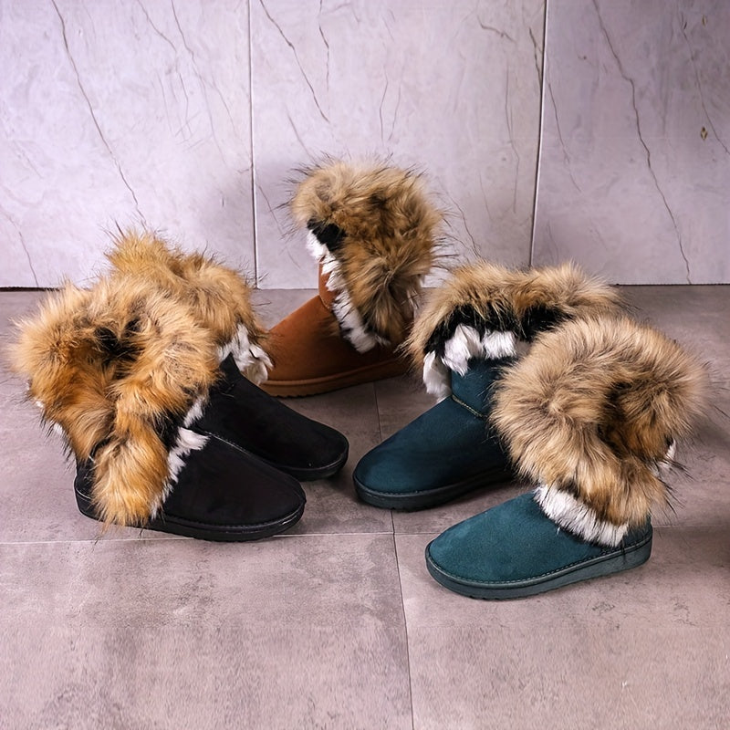 Women's Faux Fur Snow Boots, Casual Slip On Plush Lined Boots, Women's Comfortable Winter Boots