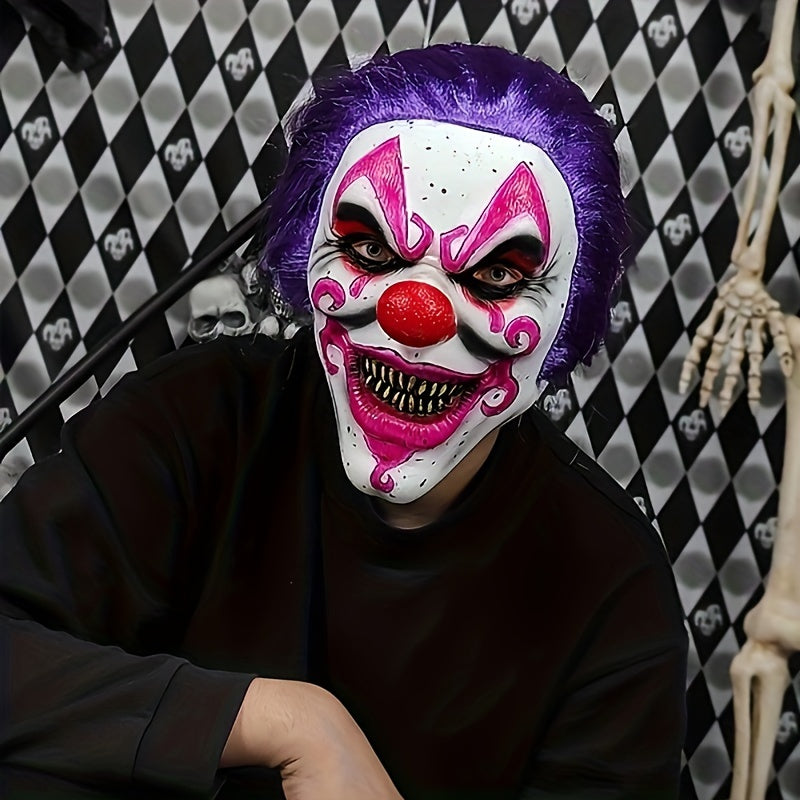 Premium Purple Clown Mask with Wig - Breathable Latex, Stretch Fit for Halloween & Cosplay Parties - Perfect for Pranks & Photo Props, Ages 14+