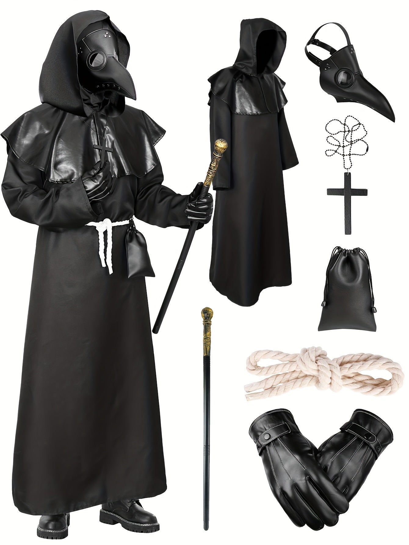 Men's Halloween Black Mask Cosplay Set, Leather Mask + Leather Gloves + Pu Bunch Mouth Strap + Ancient Golden Scepter + Leather Hood + Black Bodysuit + Black Cross + White Hemp Rope, Novelty Costume