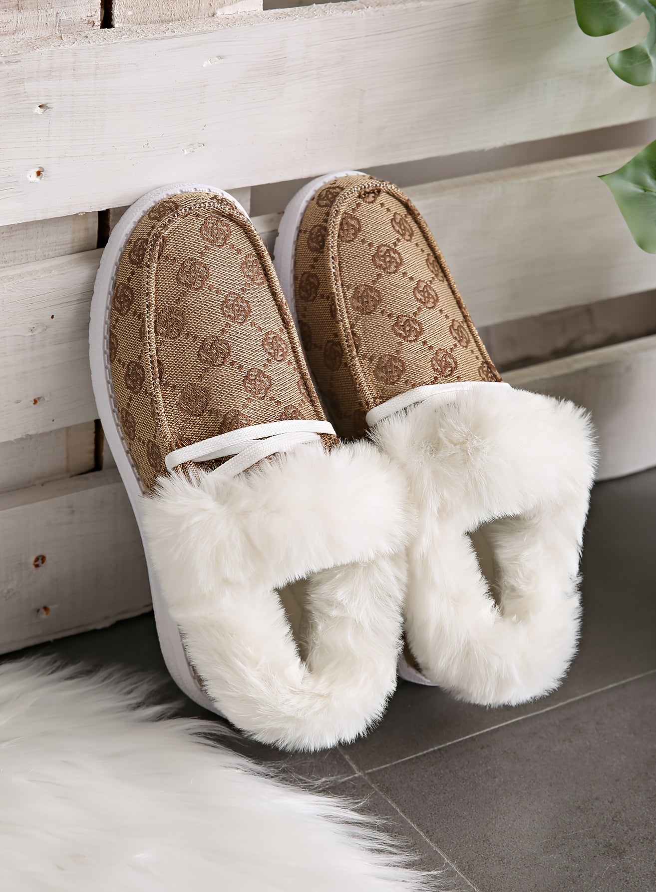 Rose Pattern Fluffy Boots - Soft Sole, Warm Thermal Lining, Non-slip, Pull On, Winter Snow Boots for Women