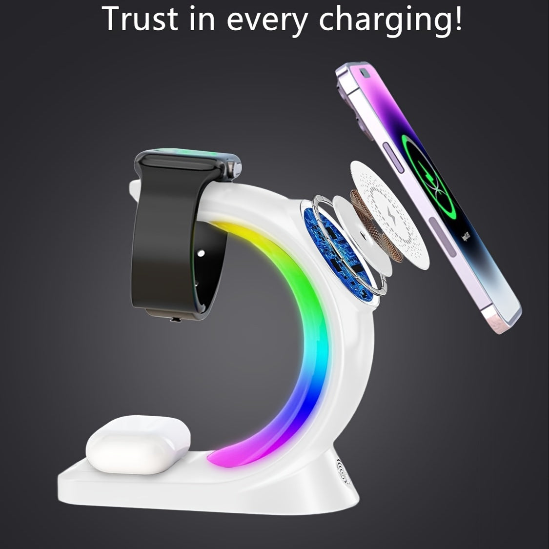 3 In 1 Wireless Charging Station, [6-Color RGB Light] 15W Fast Magnetic Wireless Charger Stand For Multiple Devices Apple, For IPhone 15 14 13 12 Pro Max/Plus/Pro, For IWatch 2 To 9