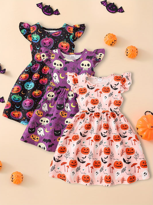 Girls' 3pcs Halloween Dress Set with Flutter Sleeves - Casual & Comfy Polyester, Machine Washable