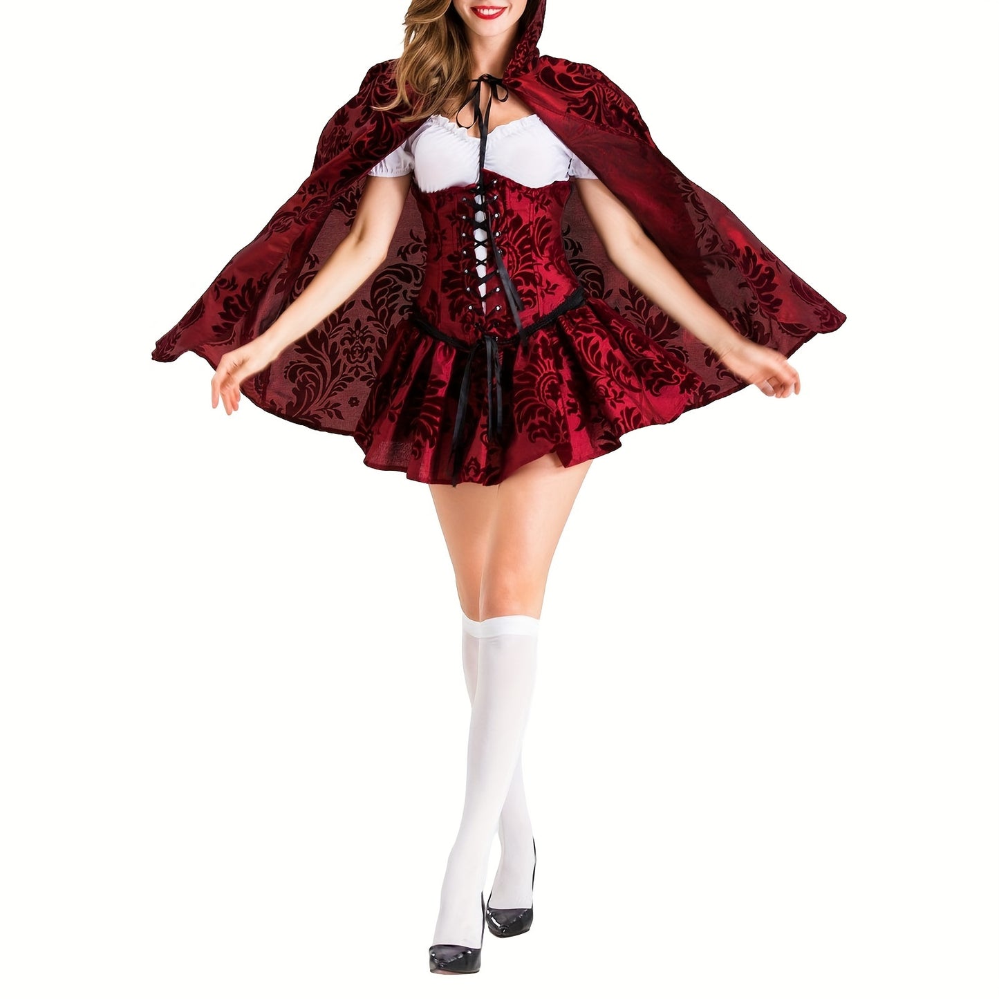 Halloween Costume For Women, Adult Gothic Red Dress With Cape Accessories For Themed Party