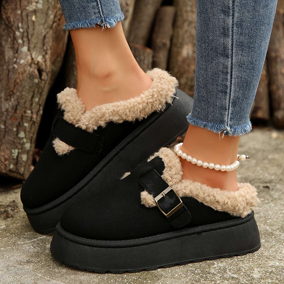 Cozy Plush Lined Ankle Boots - Soft Solid Color Design, Comfortable Buckle Strap, Warm Winter Shoes for Women - Perfect for Cold Weather, Casual Daily Wear