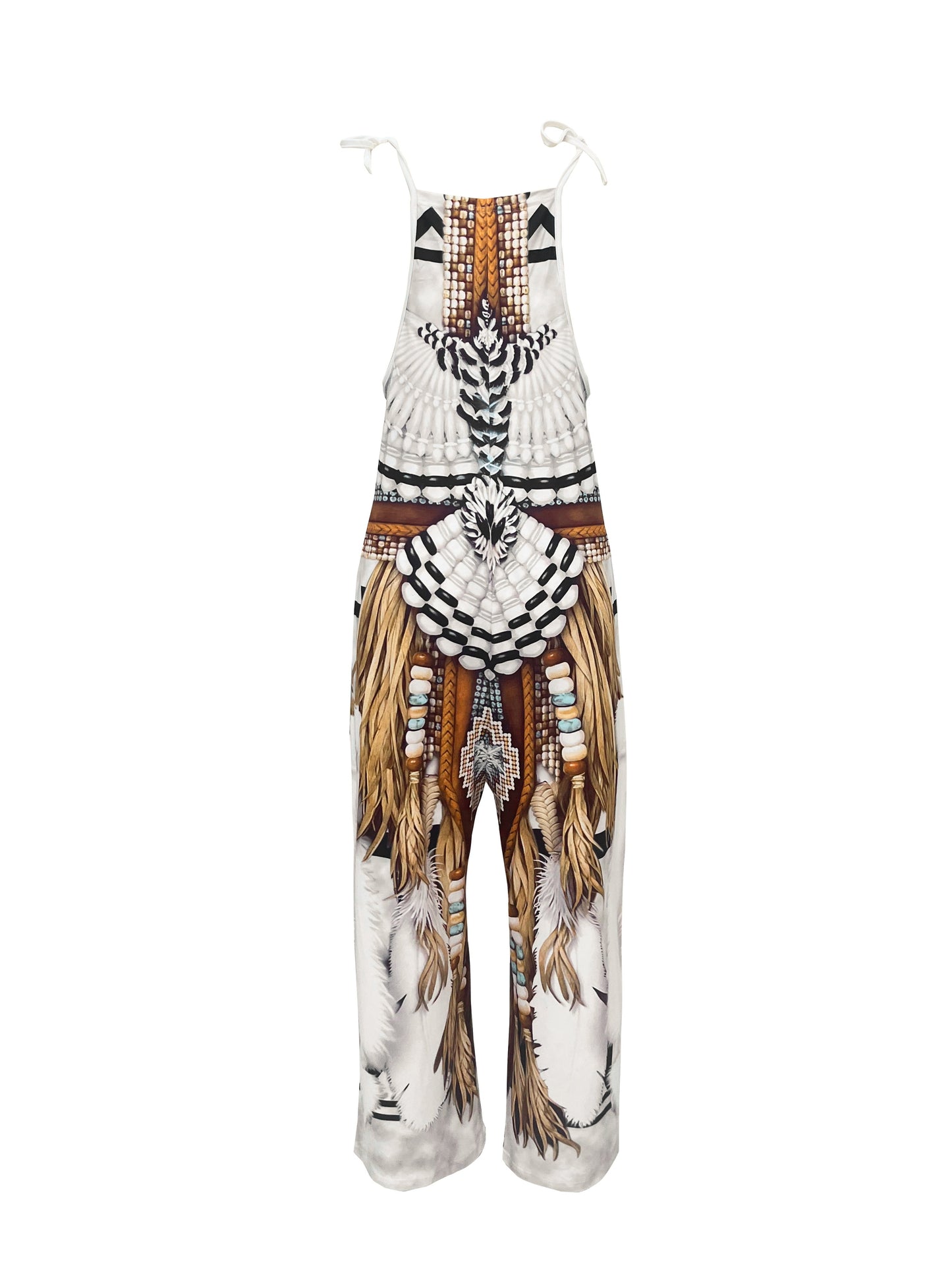 Ethnic Print Boho Tie Shoulder Jumpsuit, Casual Sleeveless Wide Leg Jumpsuit For Spring & Summer, Women's Clothing