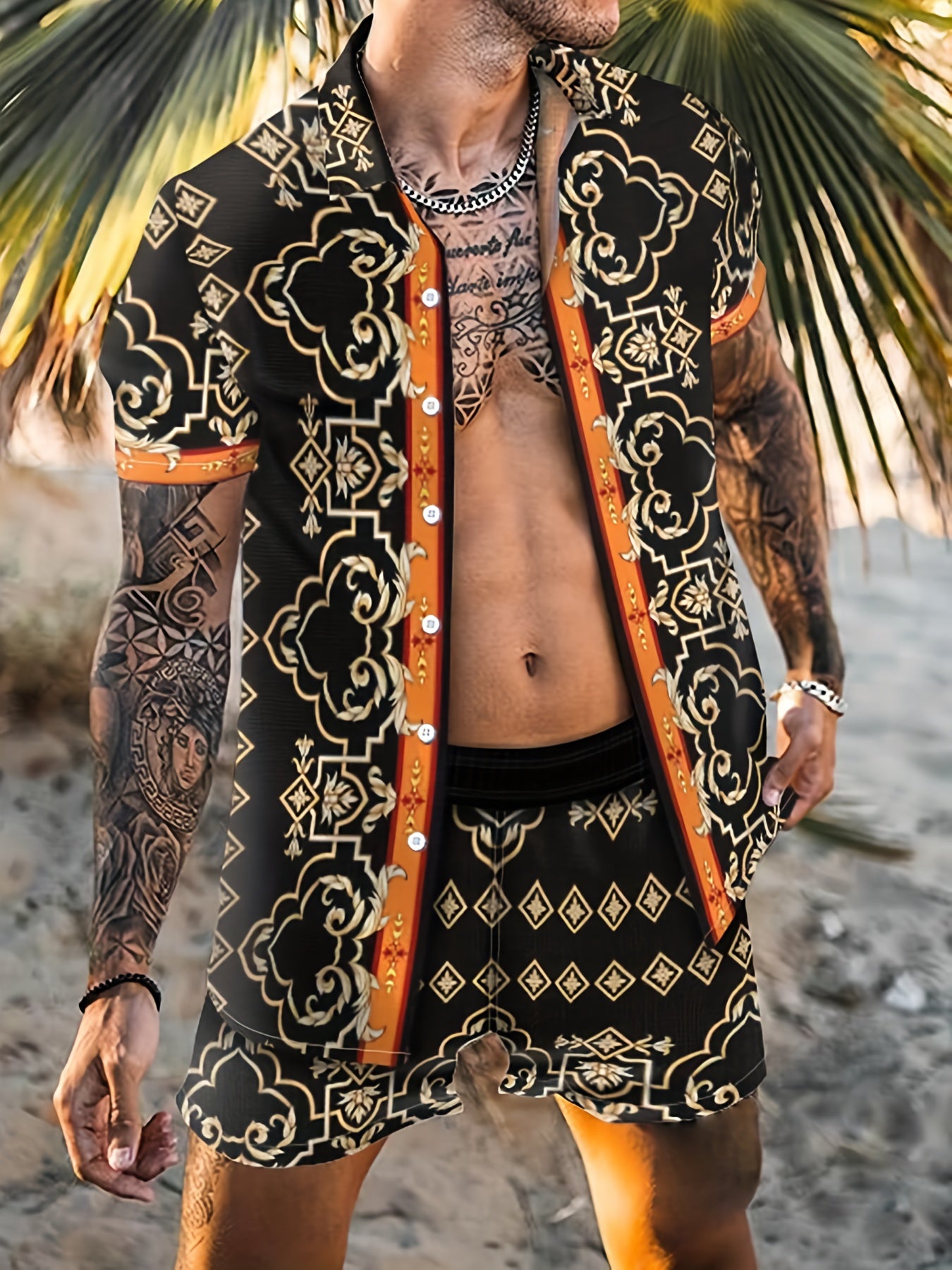 2-piece Men's Bohemian Style Digital Print Outfit Set, Men's Short Sleeve Lapel Shirt & Shorts For Summer Beach