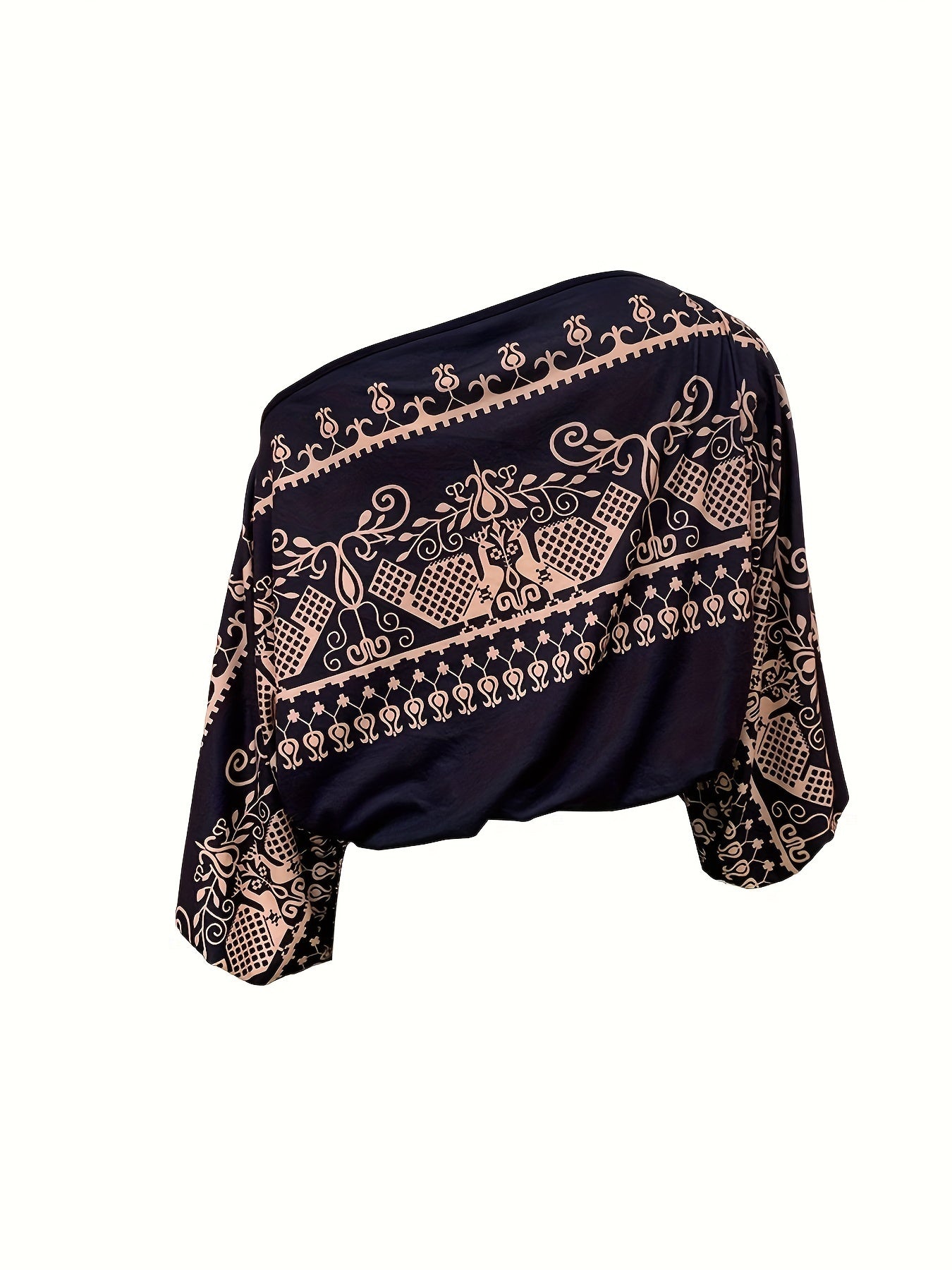 Ethnic Print Off Shoulder Blouse, Boho Batwing Sleeve Blouse For Spring & Fall,