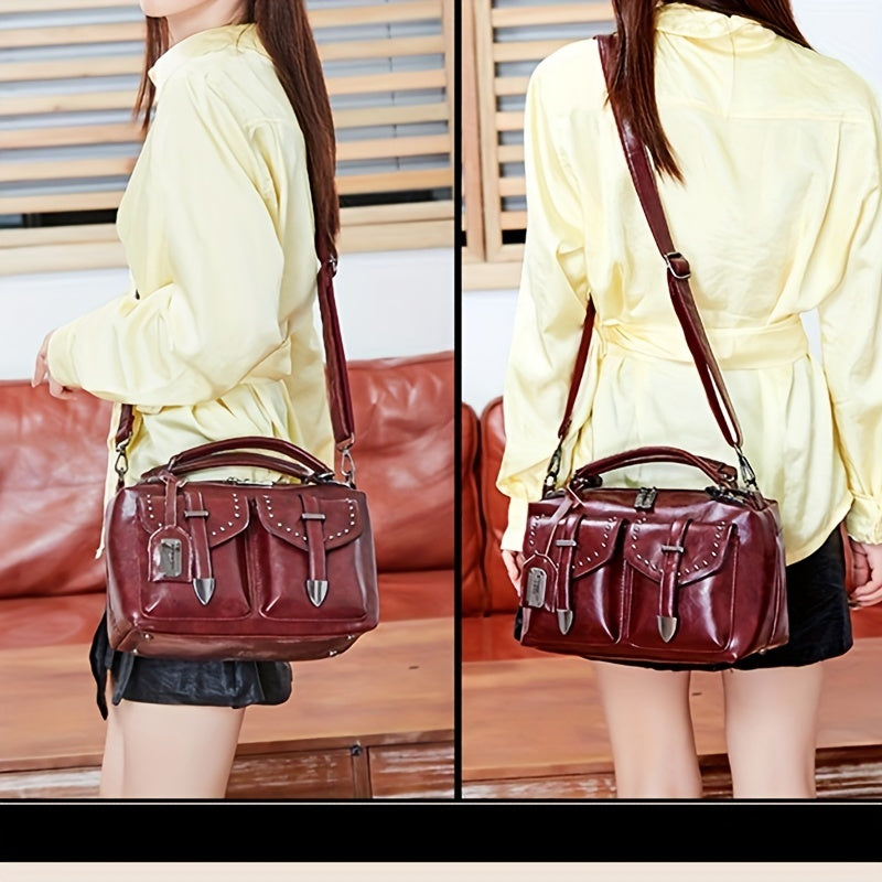 New Retro Wax Handheld Single Shoulder Crossbody Fashion Messenger Rivets Large Capacity Women's Bags