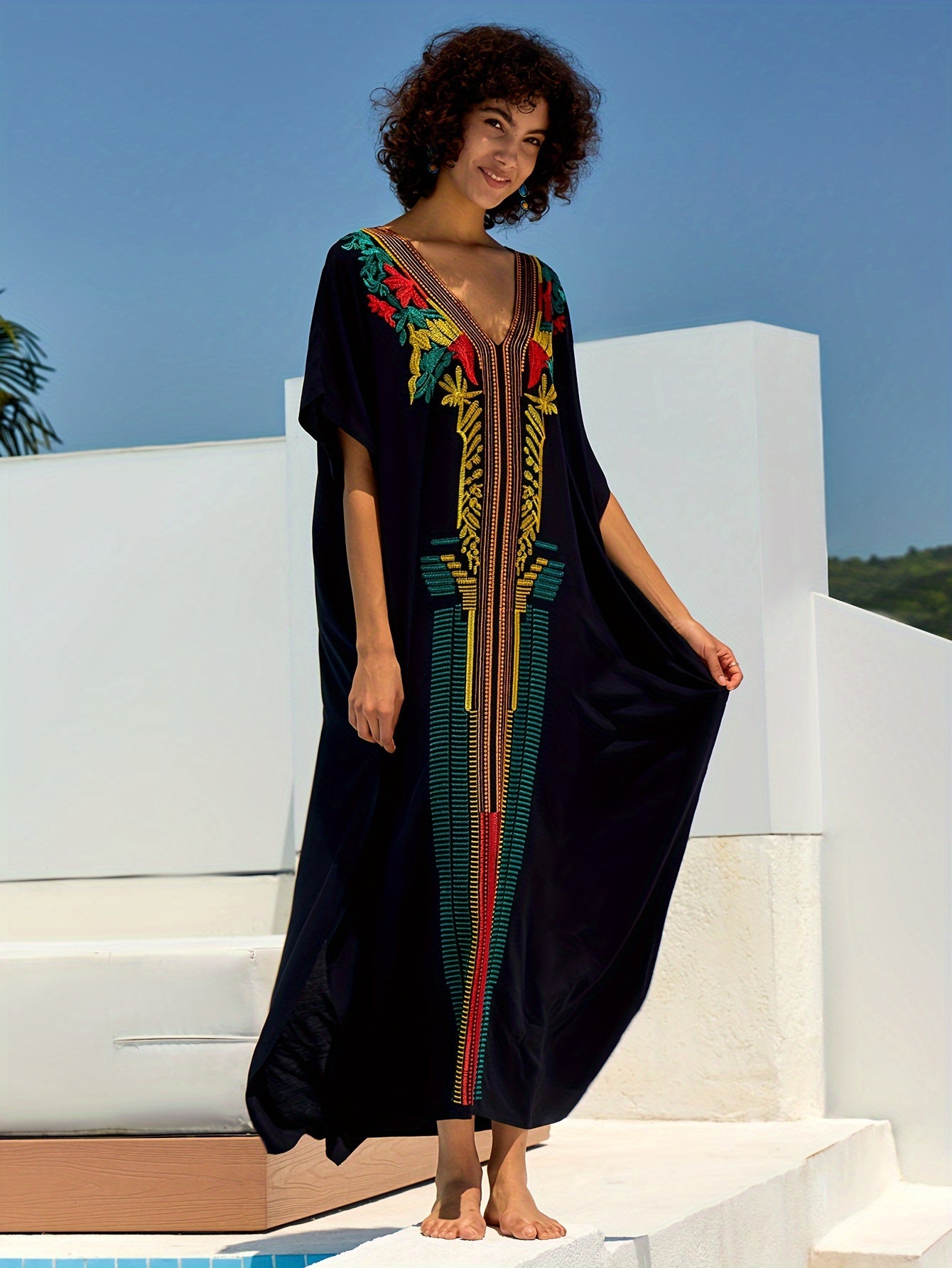 Embroidery Kaftan Dress Women Bohemian House Dress Split Thigh Beachwear Dubai Abaya