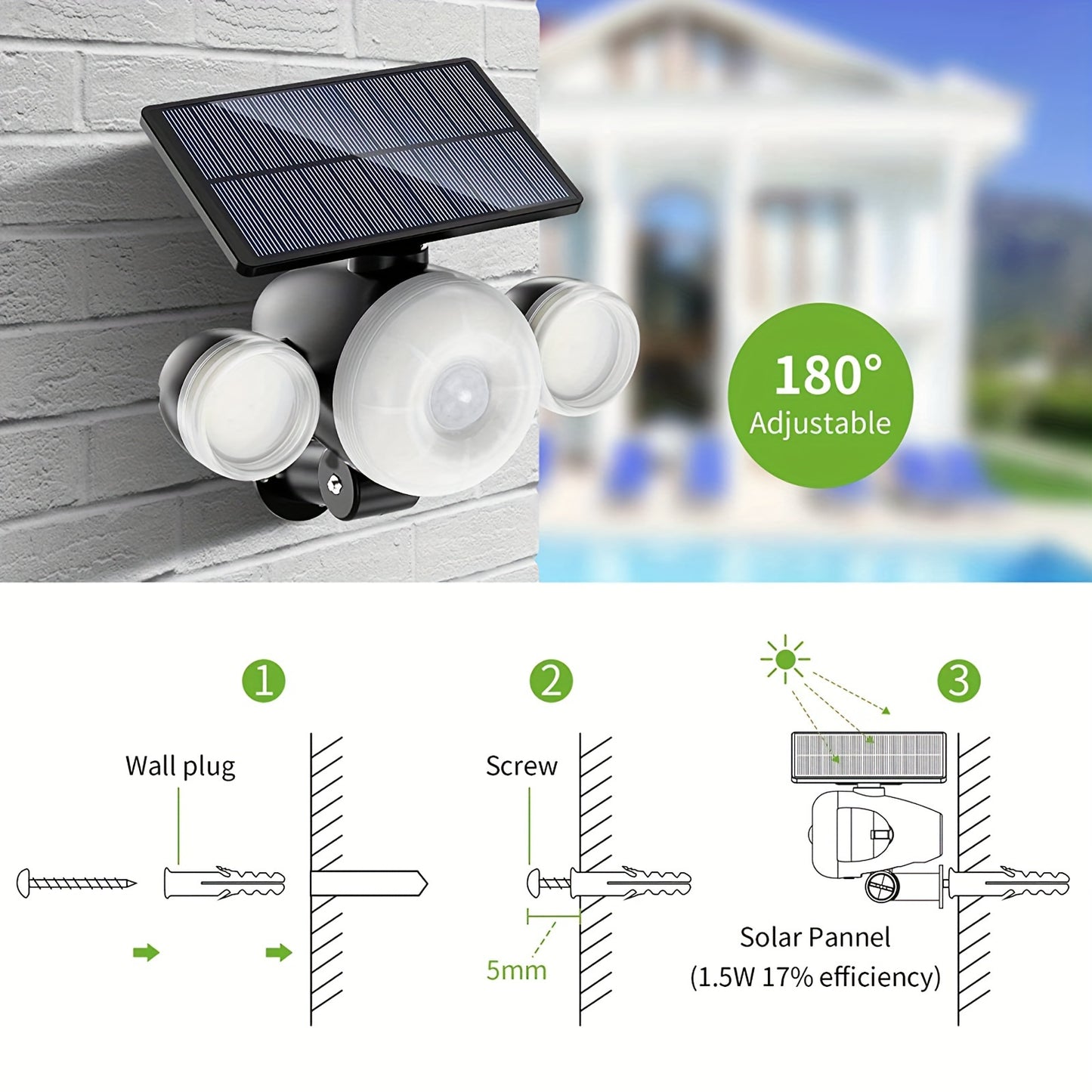 1pc Solar Outdoor Lights 88 LED, Solar Lawn Lights With Motion Sensor, 3 Adjustable Heads, 360° Lighting Wall Lights, Solar Spotlight With 2 Mounting Modes, IP65 Waterproof Solar Security Floodlight For Road Lawn Garage