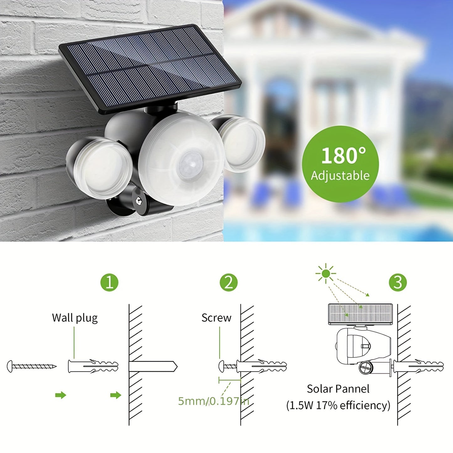 1pc Solar Outdoor Lights 88 LED, Solar Lawn Lights With Motion Sensor, 3 Adjustable Heads, 360° Lighting Wall Lights, Solar Spotlight With 2 Mounting Modes, IP65 Waterproof Solar Security Floodlight For Road Lawn Garage