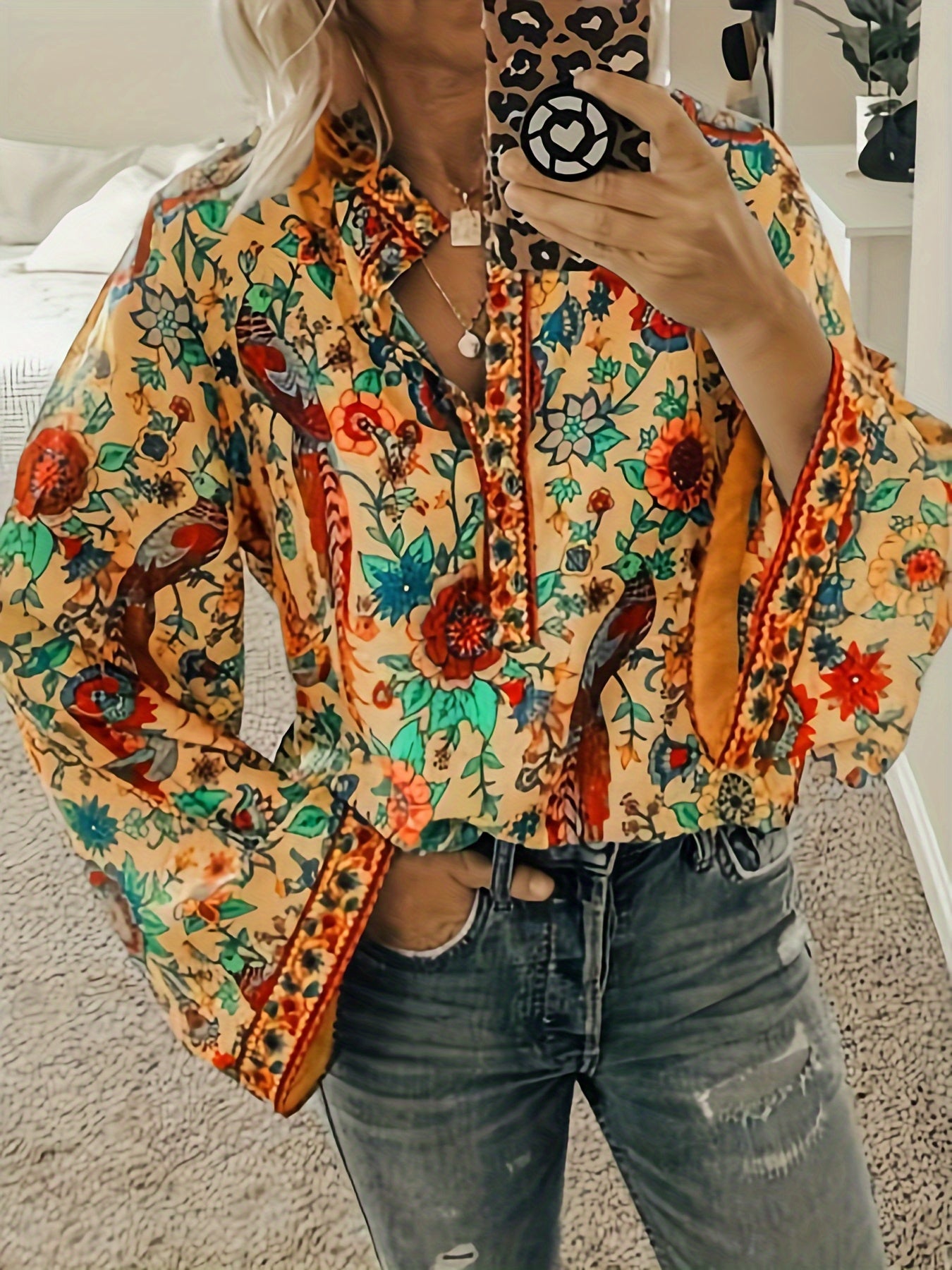 Floral Print V Neck Blouse, Boho Long Sleeve Loose Blouse For Spring & Fall, Women's Clothing