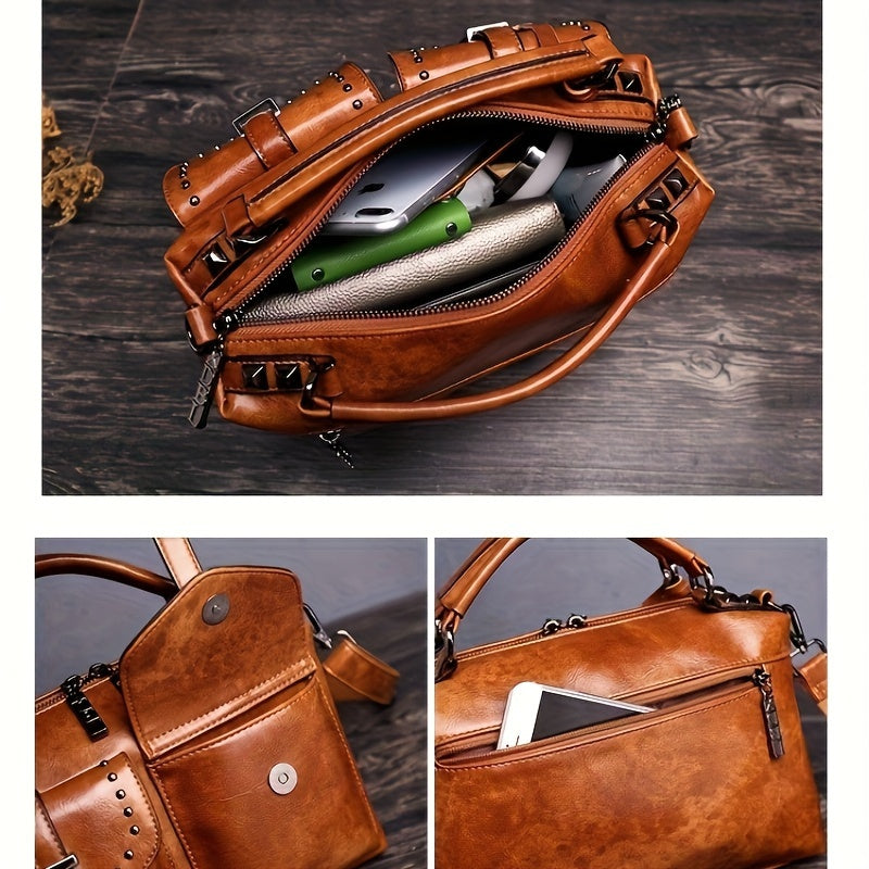 New Retro Wax Handheld Single Shoulder Crossbody Fashion Messenger Rivets Large Capacity Women's Bags