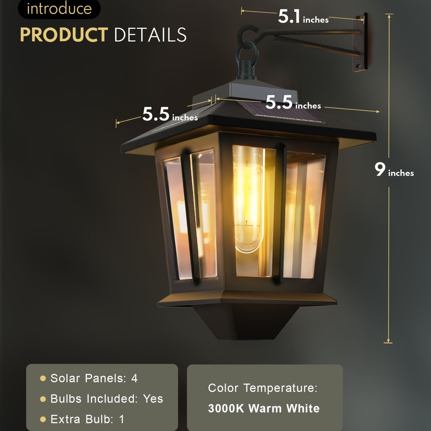 Aluminum Outdoor Hanging Solar Lights With 4 Solar Panels, Hanging Solar Lantern With Hooks, Anti-Rust Waterproof Solar Wall Lanterns, Dusk To Dawn Led Outdoor Solar Lanterns, 3000K Warm White