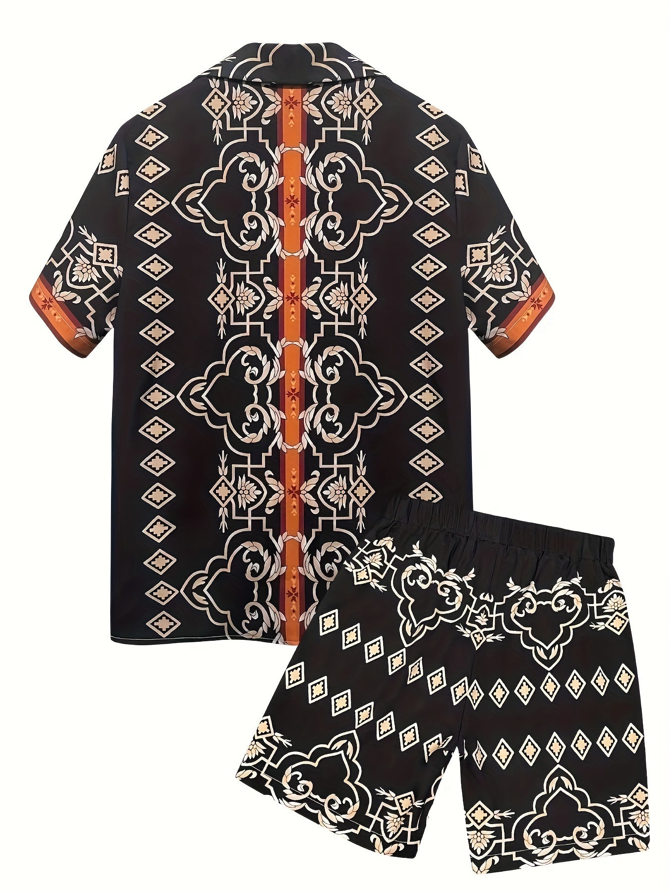 2-piece Men's Bohemian Style Digital Print Outfit Set, Men's Short Sleeve Lapel Shirt & Shorts For Summer Beach