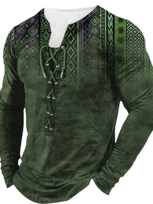 Bohemian Style Pattern Men's Vintage Long Sleeve Henley Tee, Spring Fall, Gift For Men