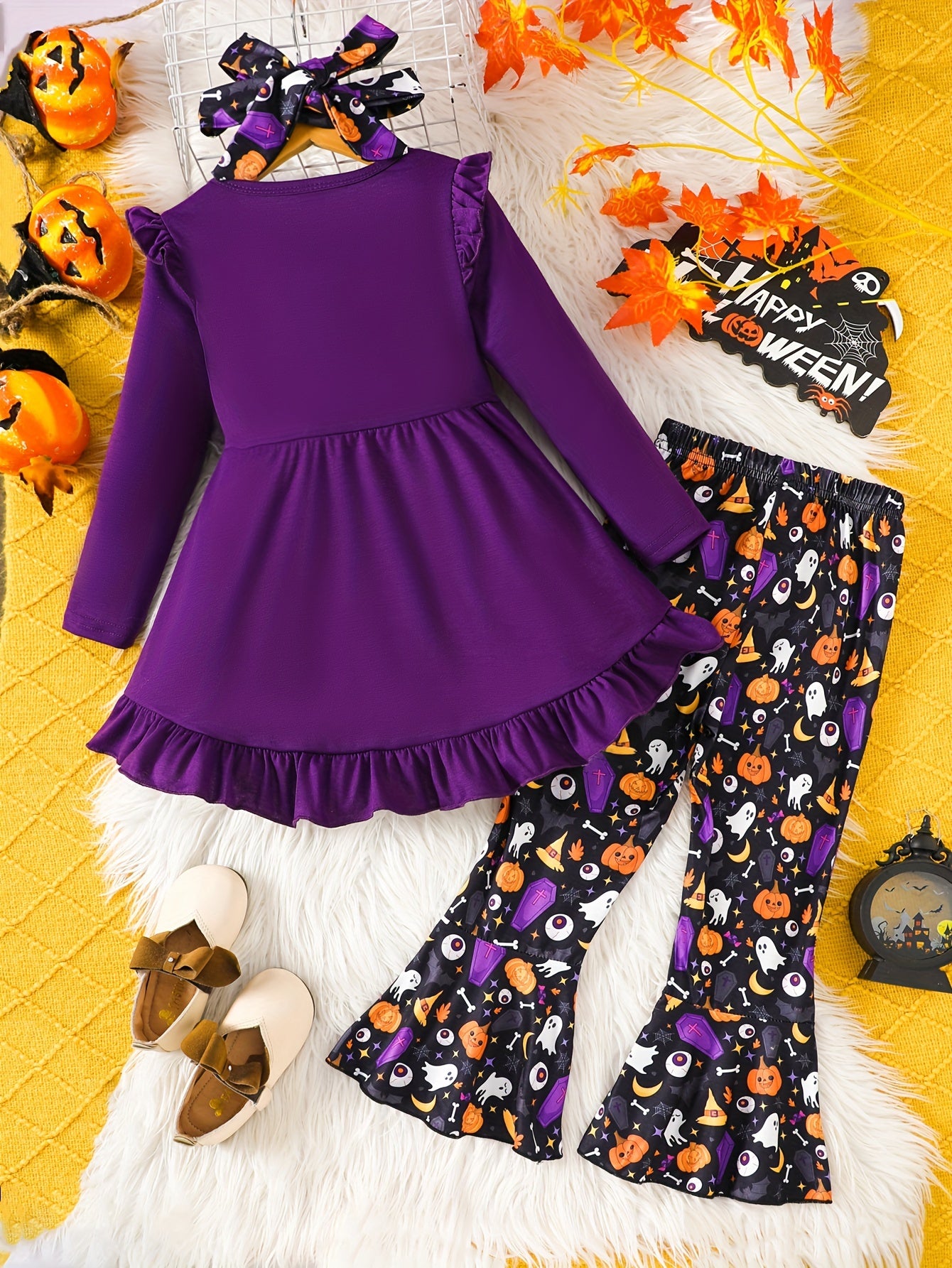 Kids' Halloween Costume Set, Long Sleeve Knit Dress And Leggings, Butterfly Tie-Up Front, Leaf Edge Hem, Autumn And Winter Outfit For Girls