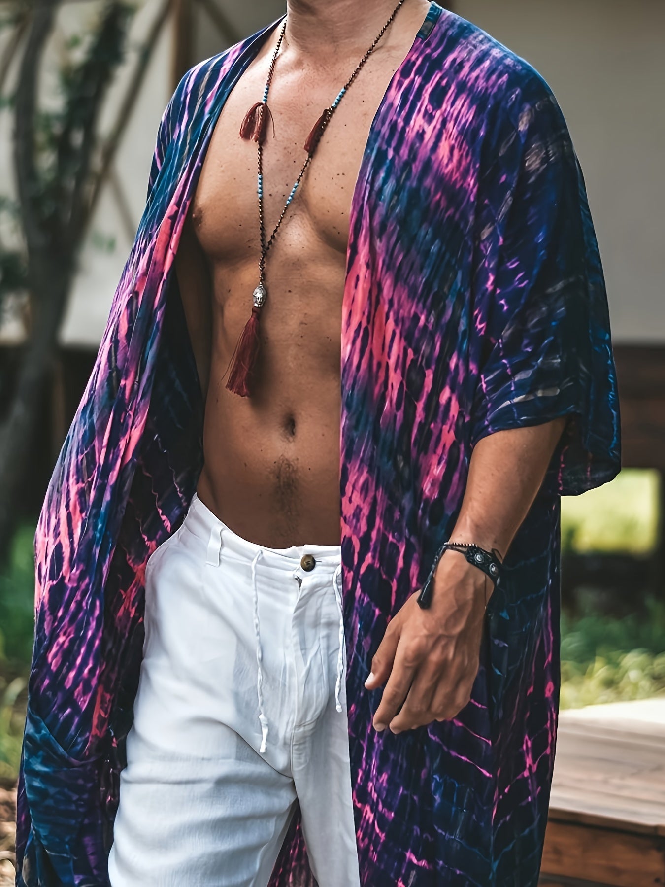 Men's Plus Size Fashion Kimono Cardigan, Bohemian Ethnic Print, Lightweight Beach Sun Protection Cover-Up, Casual Hand Shaped Pattern Print Shirt For Spring Summer Fall