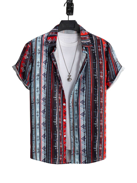 Retro Bohemian Pattern Men's Short Sleeve Lapel Shirt, Men's Casual Hawaiian Shirt