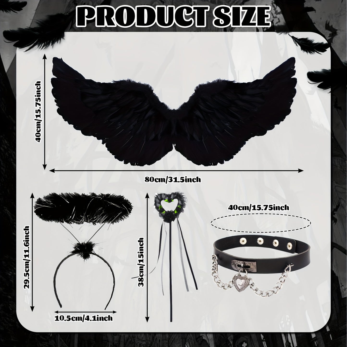 Fallen Angel Costume Set for Women - 4pcs Halloween Outfit with Black Fairy Wings, Halo Headband, Heart Wand & Collar - Perfect for Masquerade Parties