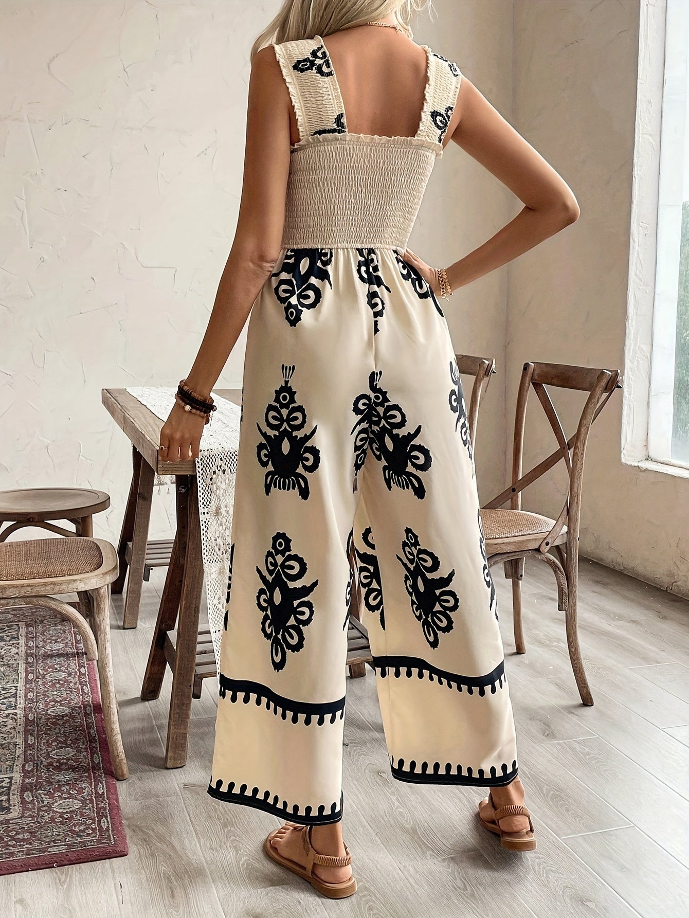 Graphic Print Shirred Wide Leg Jumpsuit, Boho Style Sleeveless Jumpsuit For Spring & Summer