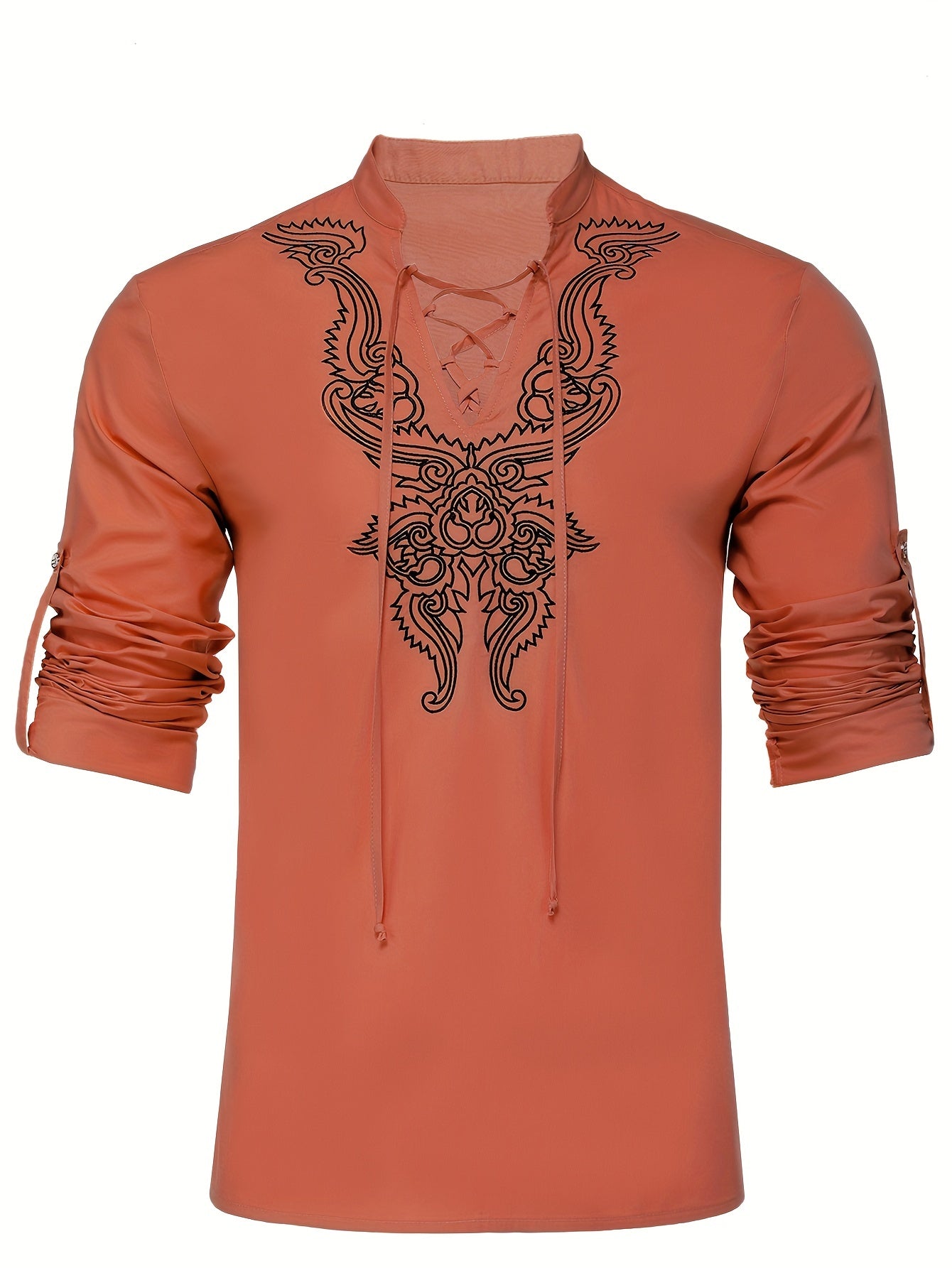 Cotton Boho Style Pattern Embroidery Men's 2 Pieces Outfits, Long Sleeve Lace Up Shirt And Drawstring Solid Trousers Set