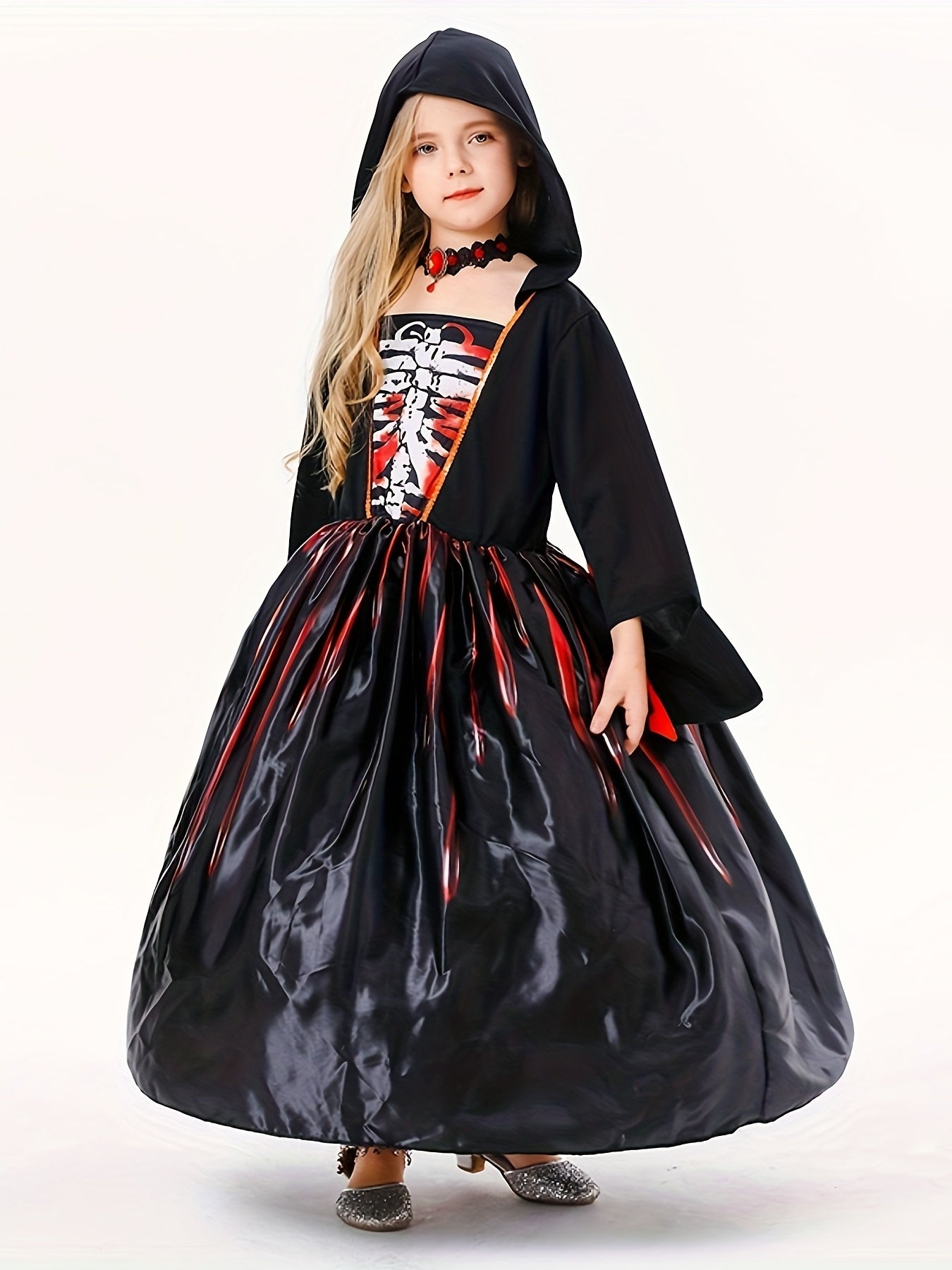 Kids' Halloween Witch Costume - Spooky Black Skull Hooded Long Sleeve Dress with Geometric Pattern, Polyester & Spandex Blend, Machine Washable