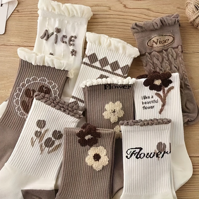 9pcs Women's Cotton Mid-Calf Socks - Floral Lace Trim, Versatile & Stylish Coffee Brown