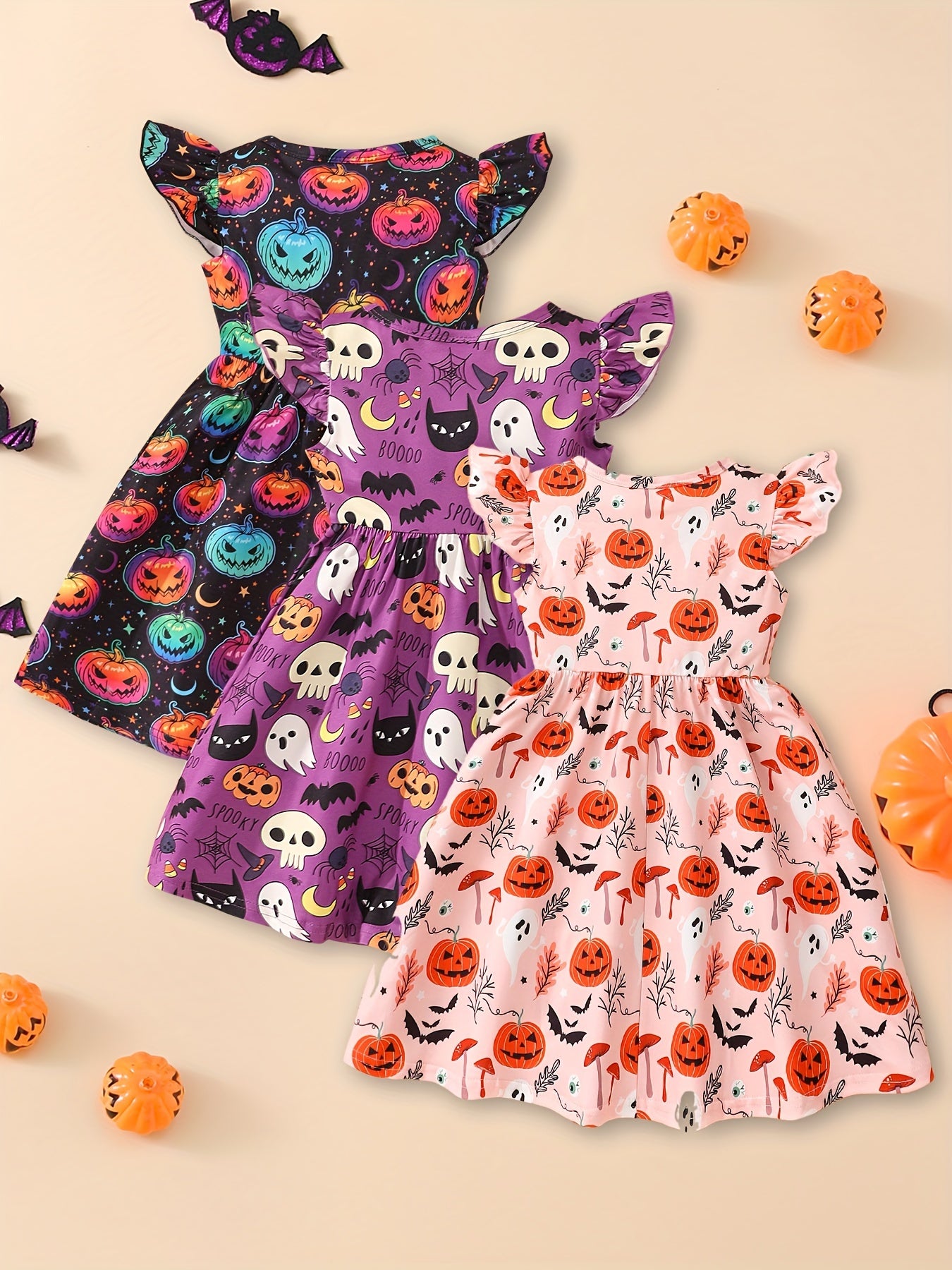 Girls' 3pcs Halloween Dress Set with Flutter Sleeves - Casual & Comfy Polyester, Machine Washable