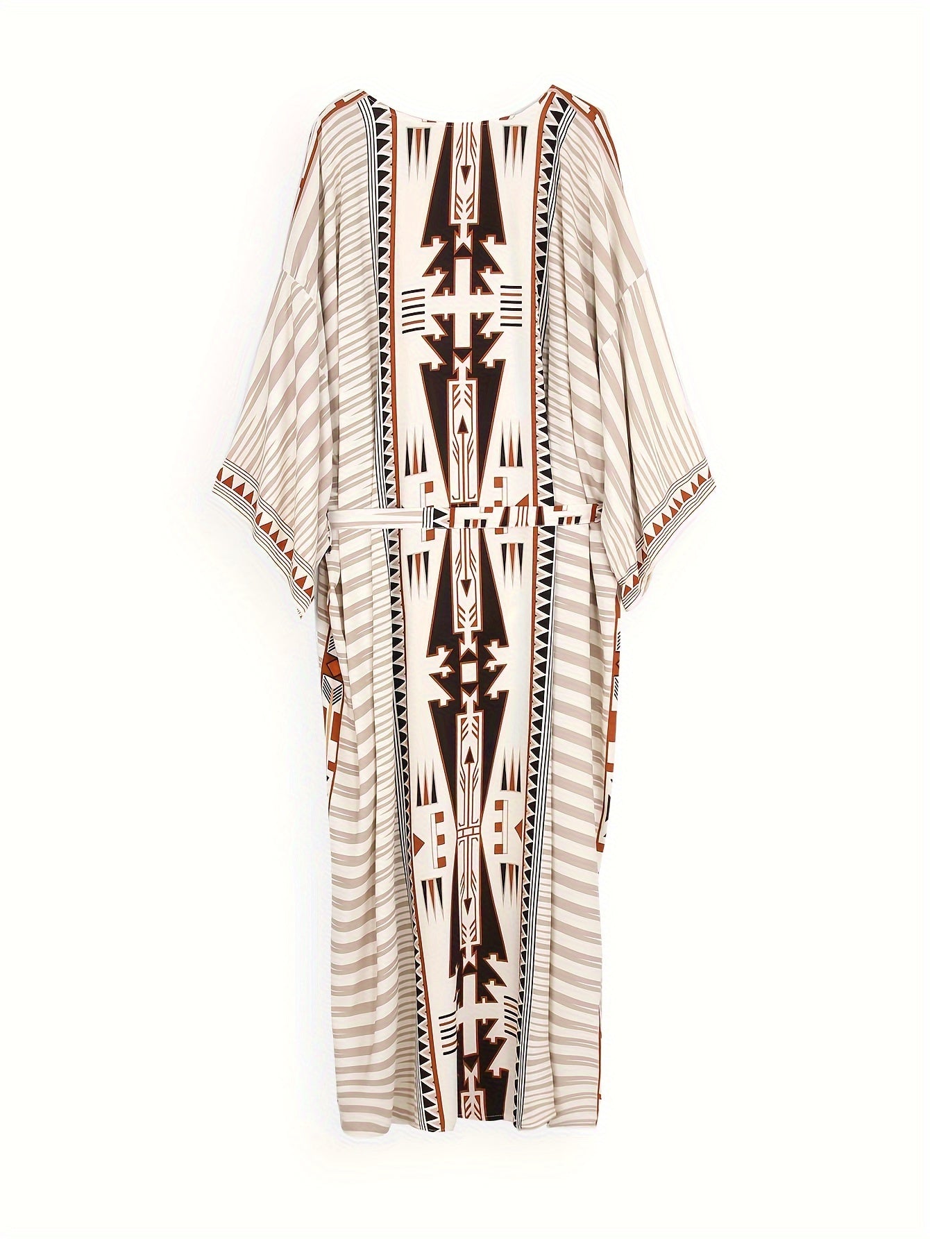 Geo Print Open Front Belted Kimono, Boho Long Sleeve Beachwear Cove Up.