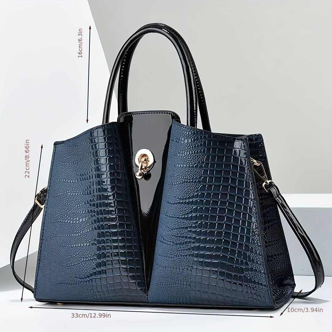 Large Capacity Crocodile Pattern Tote Bag, Luxury & Elegant Style PU Leather Handbag For Daily Outfits