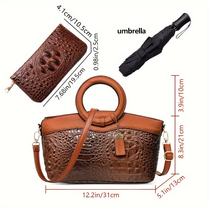 Elegant Glossy Vintage Handbag Crocodile Pattern Crossbody Bag, Luxury Fashion Bridal Purse For Evening Party Date, PU Leather With Circular Handle