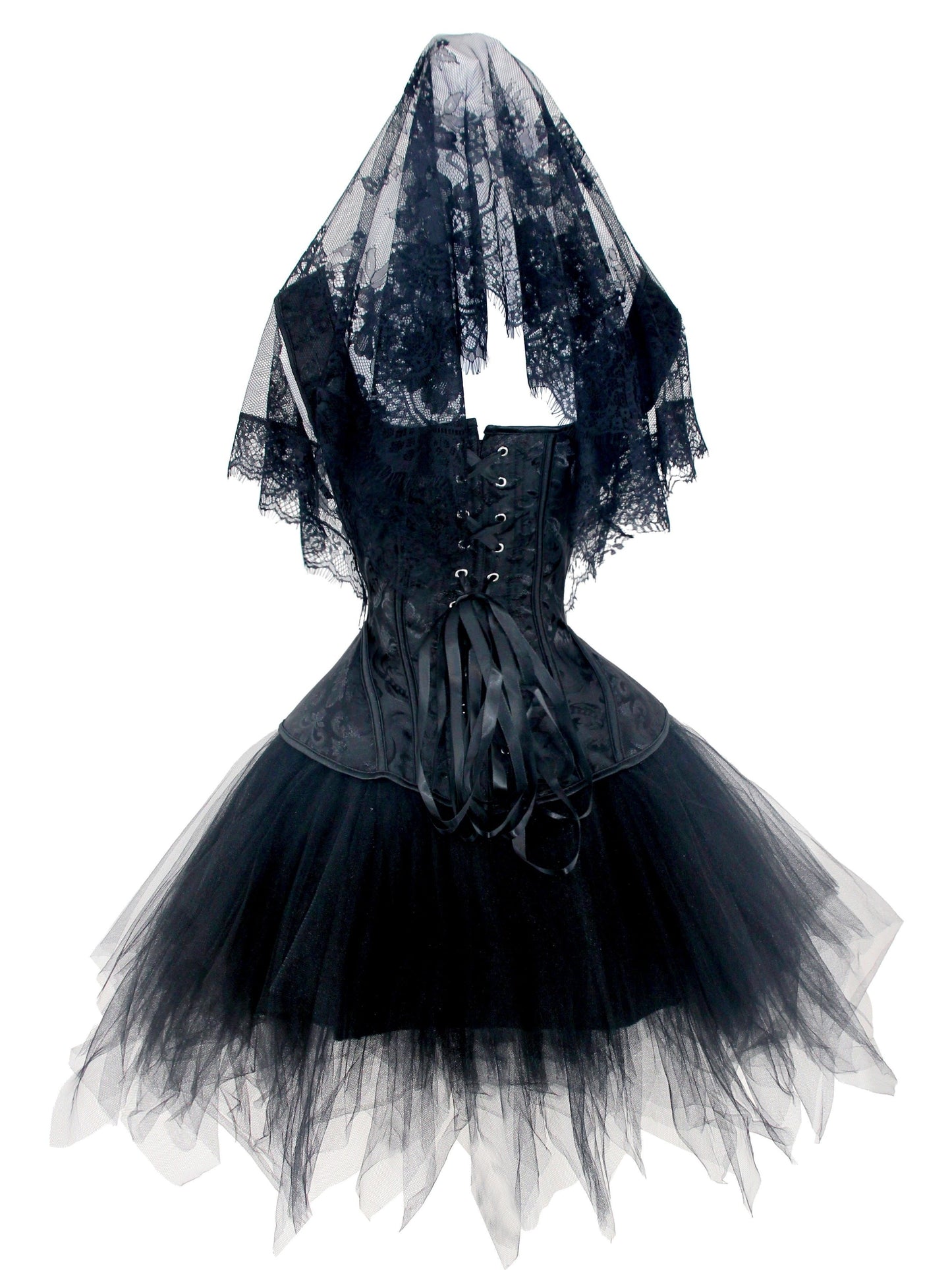 Gothic Vampire Halloween Costume Set, Black Lace Veil Mantilla, Embroidered Corset & Mesh Skirt 3-Piece Set, Black Bridal Cosplay Outfit, Cute Style For Fall & Winter