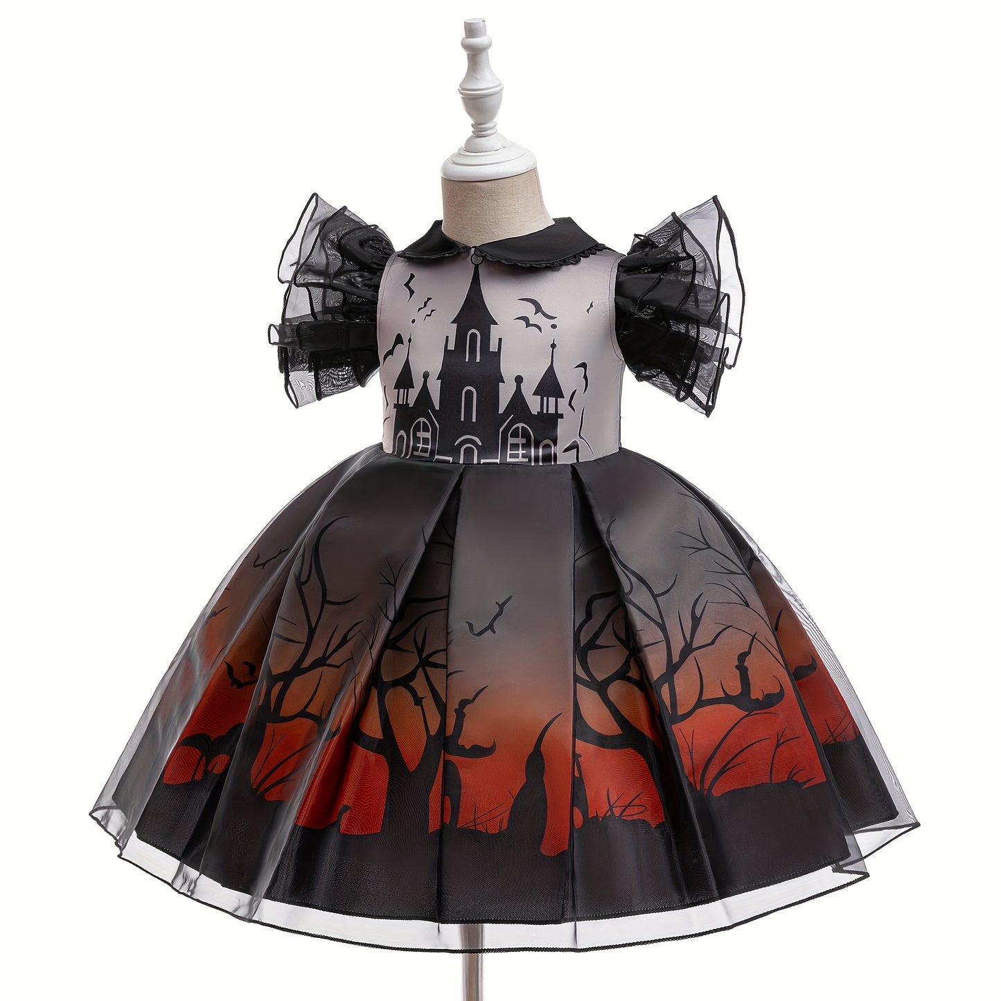 Girls Stylish & Fancy Layered Mesh Sleeve Cartoon House & Trees Pattern Tutu Dress, Halloween Inspired Gown For Party