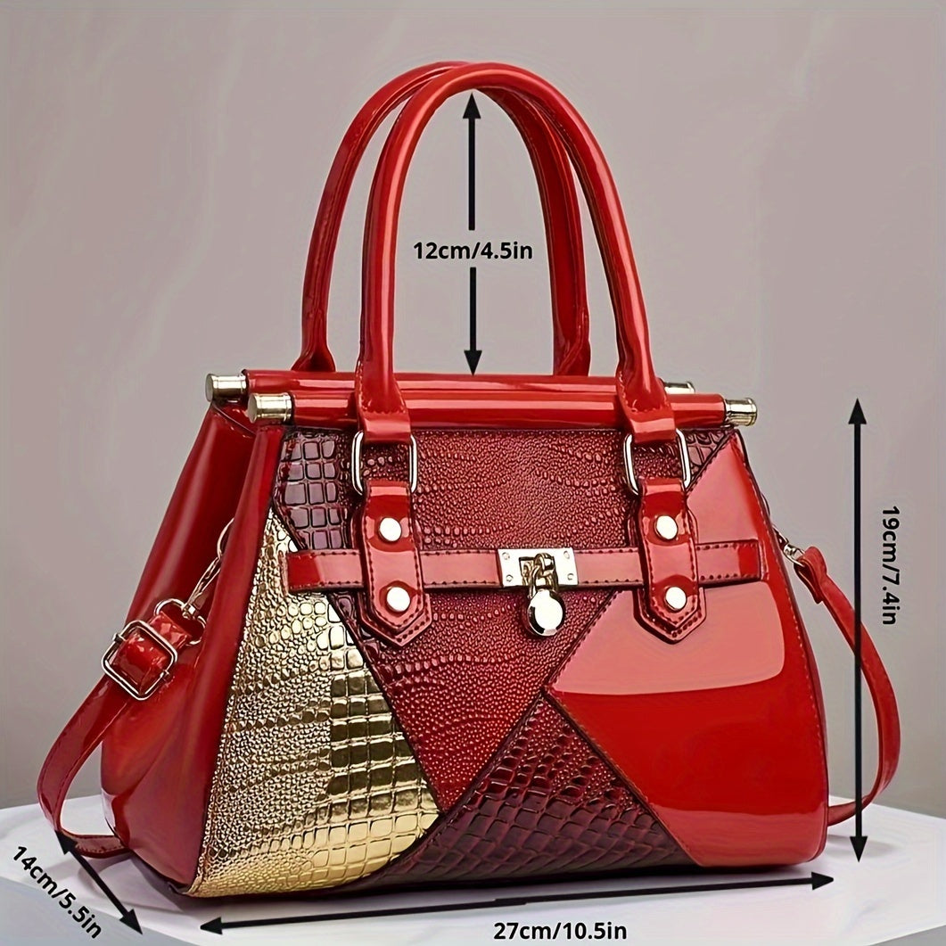 Bright Crocodile Pattern Handbag, Luxury Patchwork Satchel Purse, Fashion Crossbody Bag