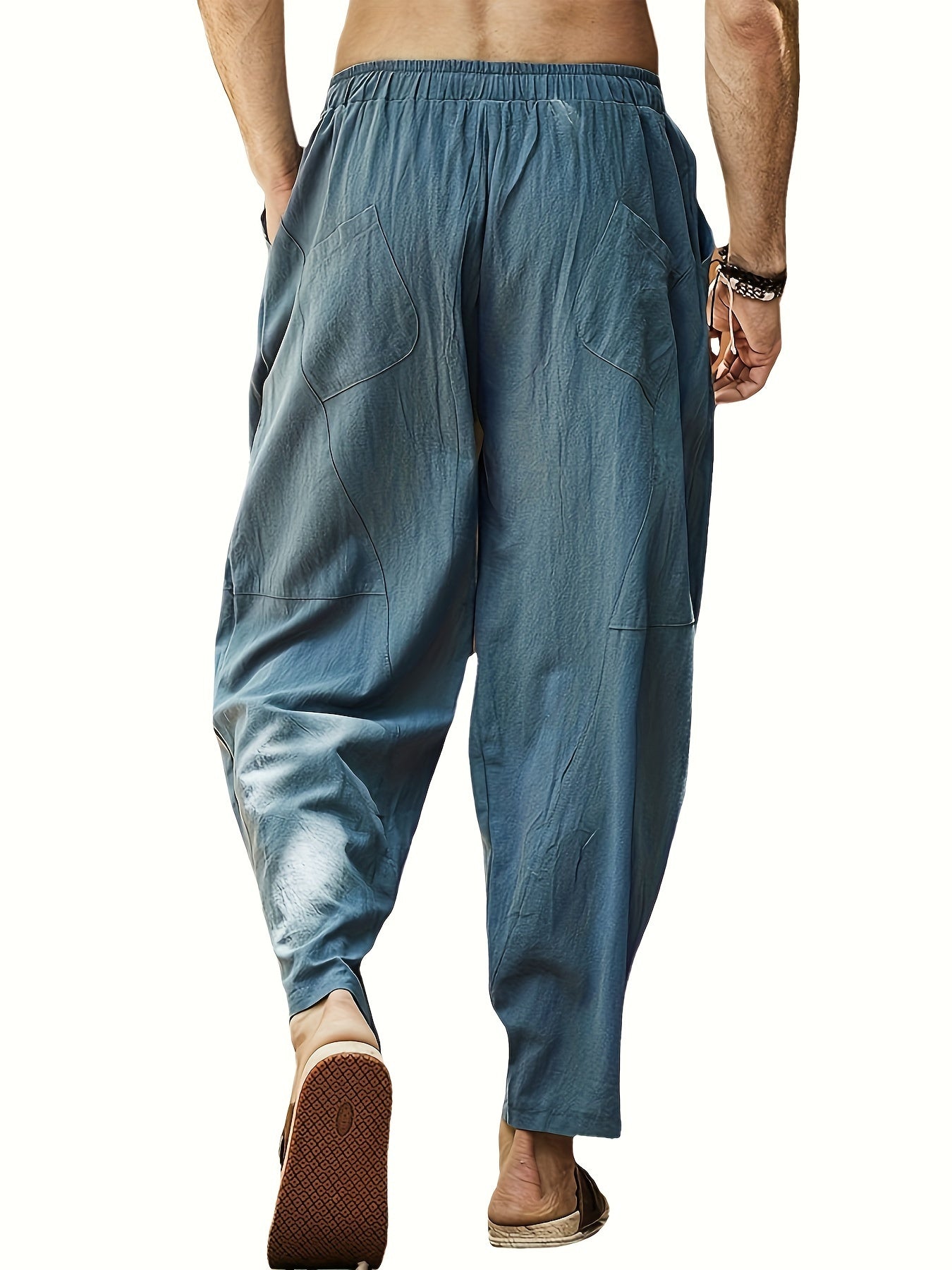 Men's Cotton Linen Pants Drawstring Elastic Waist Yoga Beach Pants Casual Lightweight Hippie Trousers