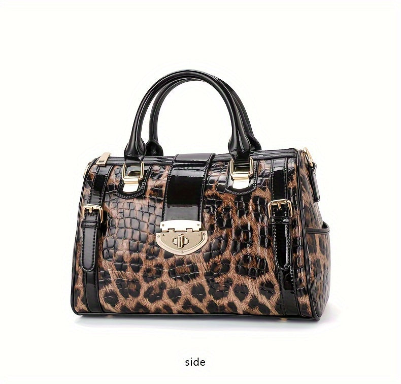 Leopard Print Handbag For Women, Crocodile Pattern Boston Bag, Luxury Genuine Leather Satchel Purse