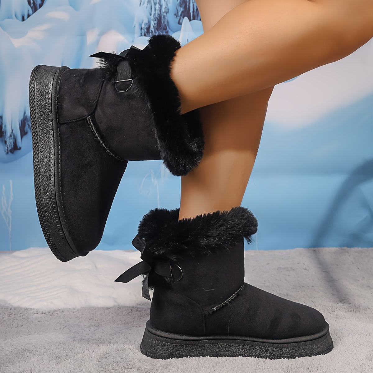 Women's Fluffy Bowknot Over-the-Knee Warm Winter Boots With Thick Heels