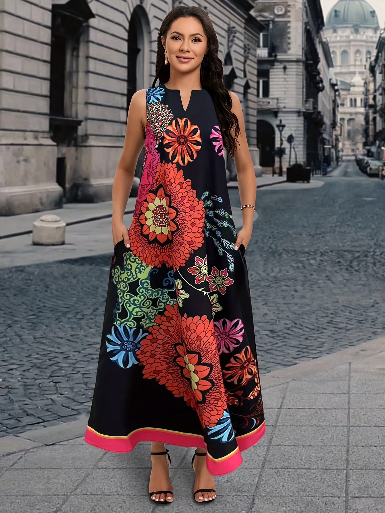 Boho Mandala Print Notched Neck Dress, Vacation Style Sleeveless Loose Maxi Dress For Spring & Summer, Women's Clothing