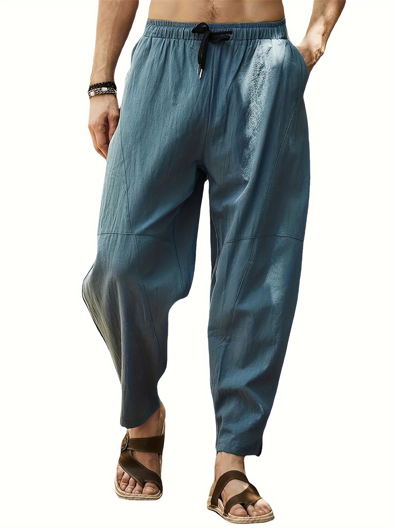 Men's Cotton Linen Pants Drawstring Elastic Waist Yoga Beach Pants Casual Lightweight Hippie Trousers