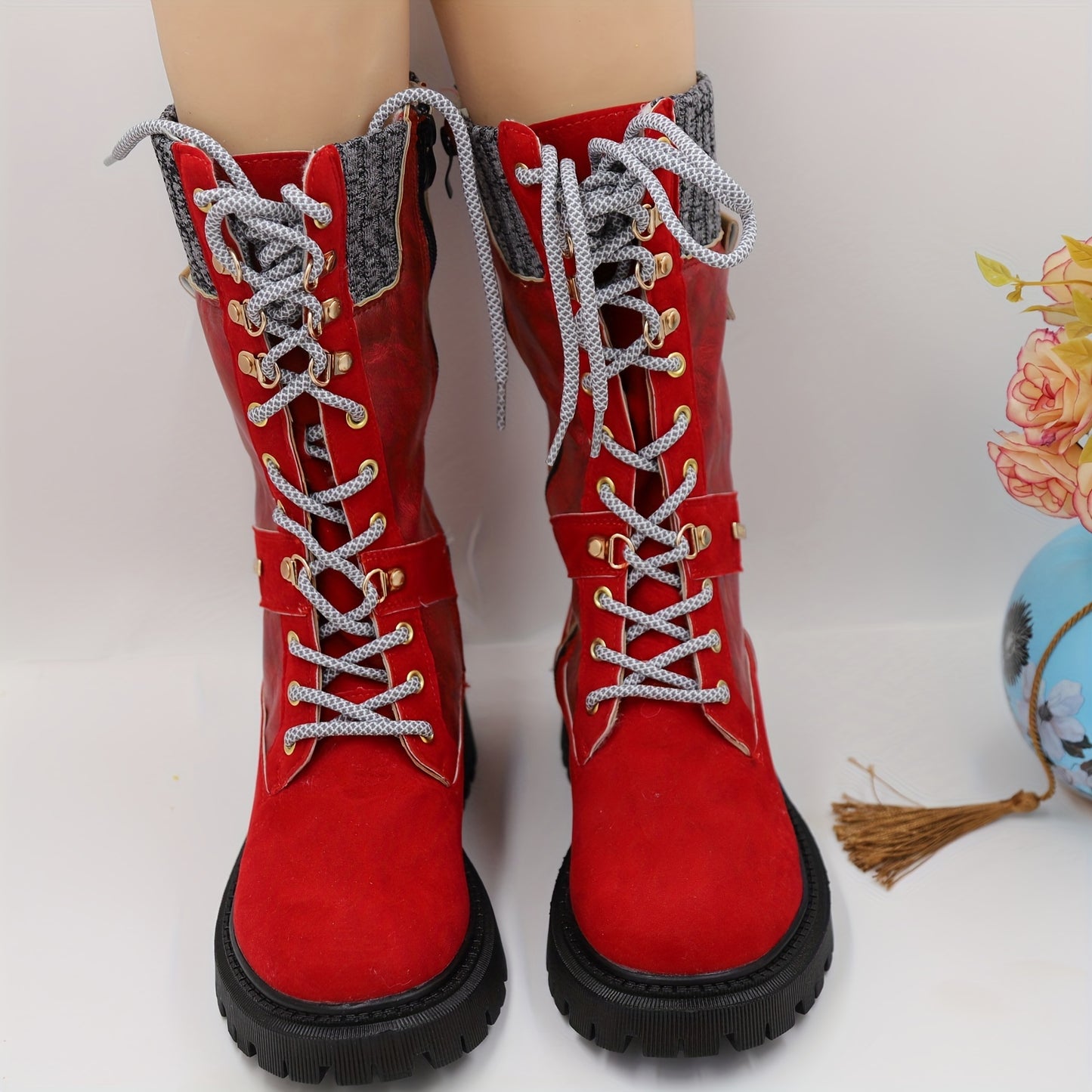 Vintage-Style Riding Boots With Lacing, Low Heel And Soft Sole Fluffy Faux Fur Lining, Perfect For Fall And Winter