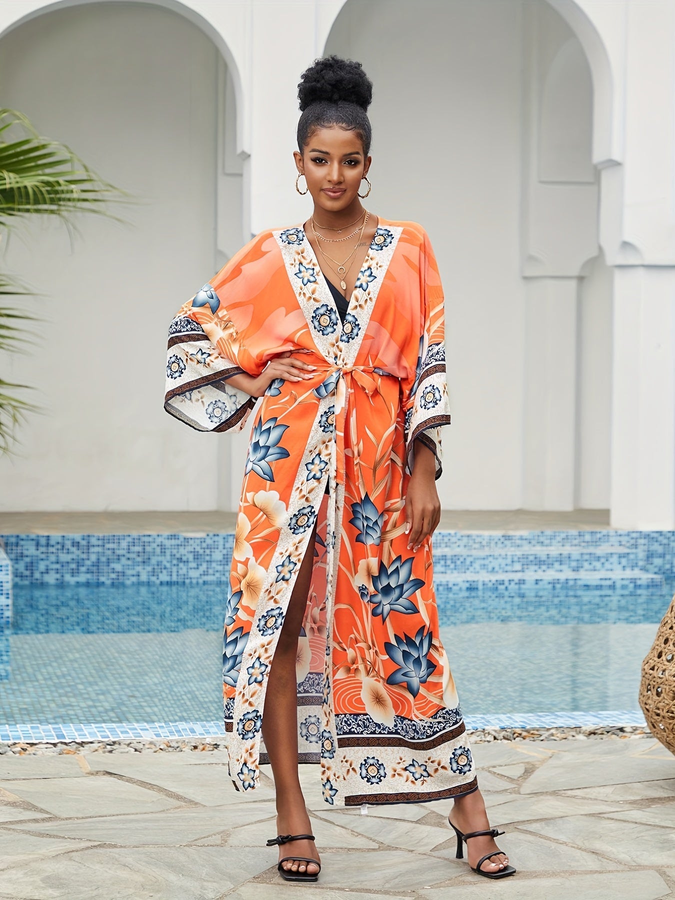 Geo Print Open Front Belted Kimono, Boho Long Sleeve Beachwear Cove Up.