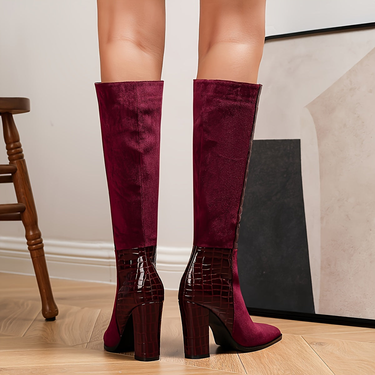 Chic Burgundy Velvet Knee-High Boots for Women - Sexy Pointed Toe, Chunky Heel with Side Zipper, Faux Cover & Rubber Sole