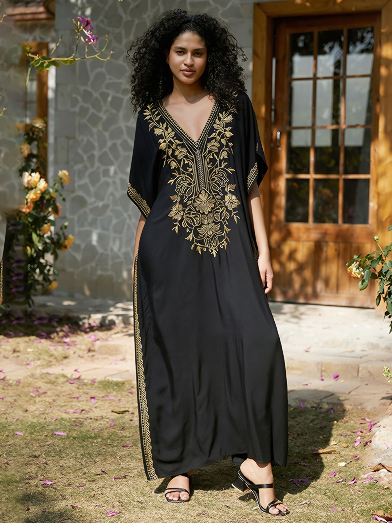 Bohemian Embroidery Caftan Dress House Dress Split Thigh Beachwear Vacation Dress Cover Up